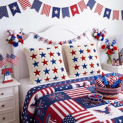 Tiamon 4 Pcs Patriotic 4th of July Throw Pillow Covers 18 x 18 Inch USA Flag American Plush 3D Embroidered Pillow Cases Red White Blue Stars Cushion Covers for Independence Day Decor Sofa Bed Home - Image 4