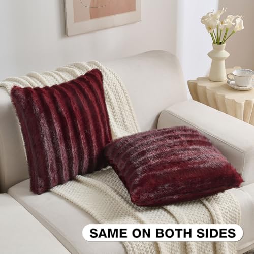 FUTEI Pack of 2 Faux Mink Fur Throw Pillow Covers 18x18 Inch, Burgundy - Image 4