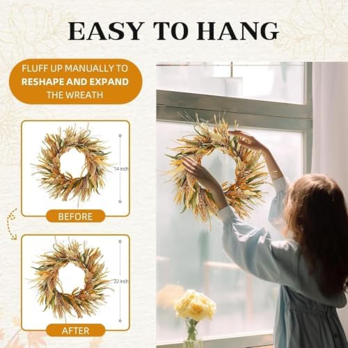 Fall Harvest Grain Wreath for Front Door Outside, 22-24 Inch Indoor Outdoor Wreath for Thanksgiving, Farmhouse Autumn Wreath for Home Porch Wall Window - Image 5