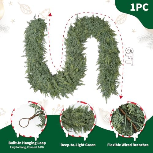 6FT Christmas Cedar Garland, Extra Full Greenery Garland with 840 Cedar Cypress Pine, Real Touch Two-Tone Evergreen Garland for Mantle Fireplace Table Stairs Door Porch, Indoor Outdoor Decorations - Image 2