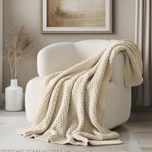 EVERGRACEHOME Chunky Chenille Knit Throw Blanket, 60 x 80, Beige by EVERGRACE