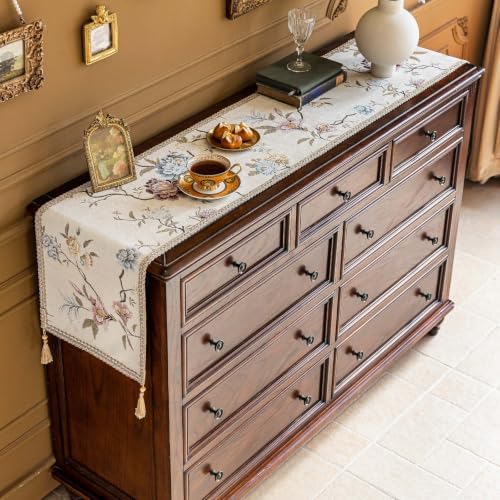 Floral Embroidered Dresser Runner 55" Non-Slip Tassels, Ivory - Image 2