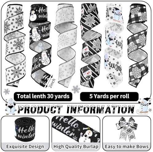 10 Pcs Winter Ribbons 4 Roll Mesh Ribbon 6 Roll Wired Ribbon Black - Image 4