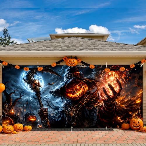 Halloween Garage Door Banner 7x16ft, Gothic Pumpkin Reaper Wizard - Image 5