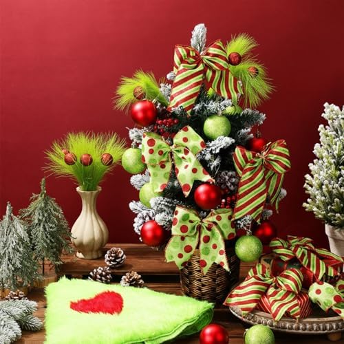 Gemscream 31 Pcs Lime Green Christmas Tree Decorations Includes Red Green Bows Toppers and Christmas Ball Ornaments and 30.7 Inch Tree Skirt Feather Picks for DIY Xmas Trees Hanging Decor - Image 4