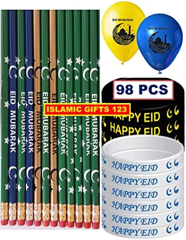 (98 Pack) Eid Balloons Eid Pencils Eid wristbands Eid Mubarak decoration EID Favors Eid decor Eid gifts Islamic wall decoration Ramadan favors Ramadan decoration Islamic Favors Muslim gifts