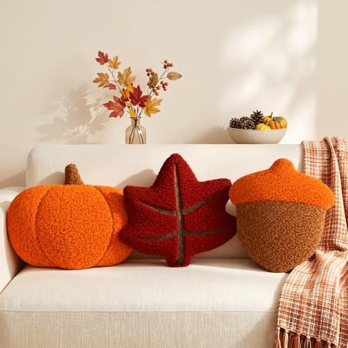 Amyhill 3 Pcs Fall Throw Pillows Maple Leaf Pumpkin Acorn Plush Stuffed 12" by Amyhill
