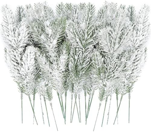 24Pcs Snowy Artificial Pine Needles Branches Twigs 10.6" Fake Frosted Pine Picks Greenery Stems Christmas Pine Tree Picks Winter Fir Pine Sprays Sprigs for Crafts Wreaths Garlands Holiday Decor - Image 7