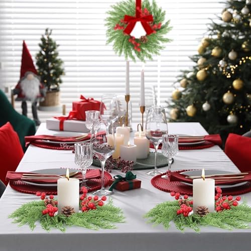 6 Pack Small Christmas Wreath Candle Rings Artificial Pine Branches with Pinecones Red Berries Fake Foliage Pine Needles Picks Candle Rings Holder for Table Centerpiece Home Door Window Chair Wall - Image 6