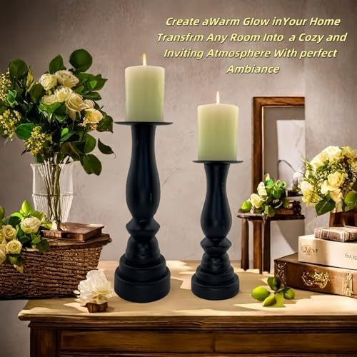 Black Worn Pillar Candle Holder - Rustic Wooden Farmhouse Candlestick Holders for - 2 Piece Set - Image 3