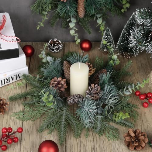 8 PCS Christmas Mini Cabinet Wreaths for Kitchen with Burlap Ribbon Norfolk Snowy Pine Needles Garland Pinecones Artificial Cedar Wreaths for Xmas Front Door Window Home Table Pillar Chair Wall Decor - Image 3
