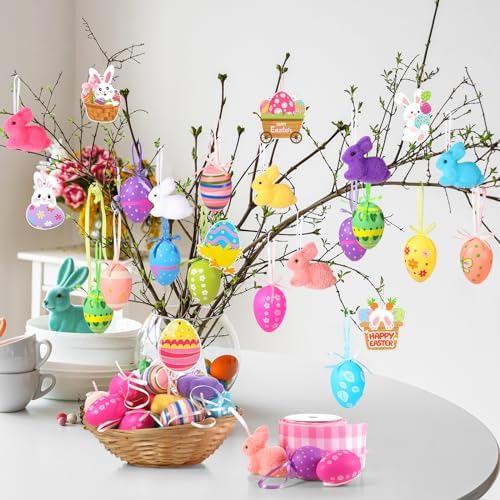 Halfchet 43 Pcs Easter Decorations Tree Ornaments Kit Easter Egg Rabbit Paper Cards Ornaments with Bow and Ribbon for Holiday Party Tree Hanging Decorations - Image 6