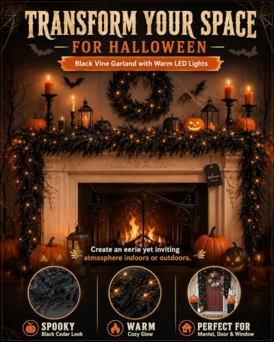 Halloween Fireplace Decor Set with LED Lights Black Vine Garland for Mantel - Image 2