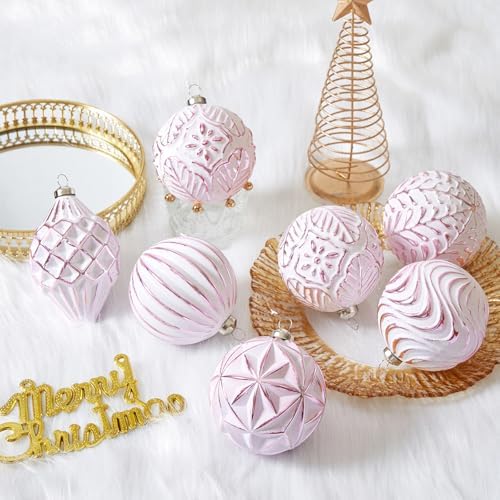 16Pcs Vintage Rustic Christmas Ball Ornaments - Large Shatterproof Neutral Christmas Ornaments Set Farmhouse Christmas Decor for Xmas Tree Home Party Holiday (Pink) - Image 5