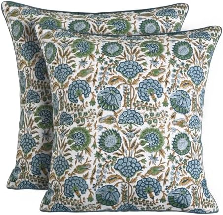 Ridhi Block Print Asparagus Green Pillow Cover 24" x 24" (Pack of 2) Decorative Couch Pillows for Living Room, Farmhouse Chic Boho Cute Outdoor Pillows Covers Gifts for Spring, Mother's Day by Ridhi