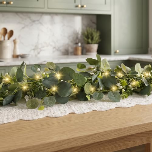 4 Pack Artificial Eucalyptus Garland with LED String Lights, 6FT DIY Lighted Faux Greenery Vines, Silk Fake Leaves for Wedding Table Runner, Fireplace Mantle, Battery-Operated - Image 6