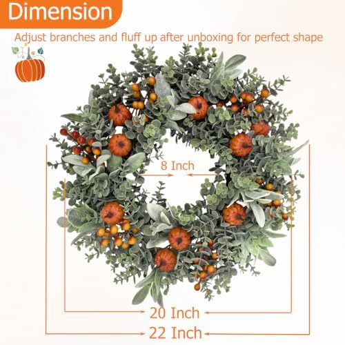 20-22" Fall Eucalyptus Wreath with Pumpkin, Front Door Farmhouse Home Decor - Image 3