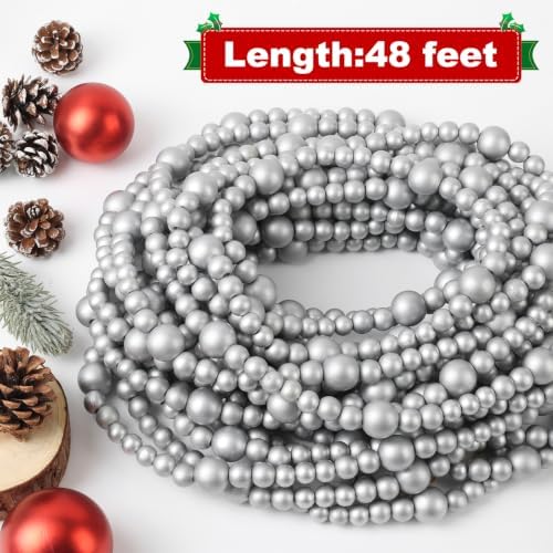 48Ft Christmas Wood Bead Garland Rustic Holiday Decor for Tree (Silver) - Image 3