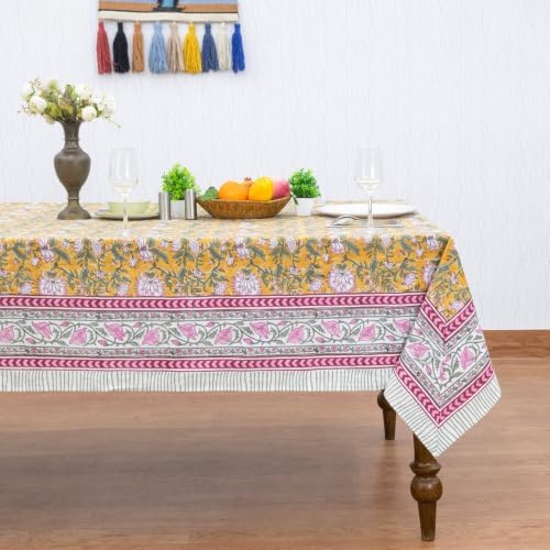 Home Spun & Crafts 72x180 Inches Rectangle Hand Block Print Tablecloth, 100% Cotton, Yellow Red Floral Table Cloths Washable, Traditional Indian for Dining Outdoor Thanksgiving Halloween Christmas - Image 2
