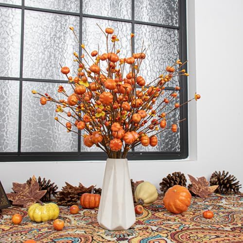 JINGHONG 18 Pack Artificial Pumpkin Picks 17” Tall Orange Berry Stems Fall Pumpkin Branches for Autumn Harvest Festival Thanksgiving Day Decor - Image 3