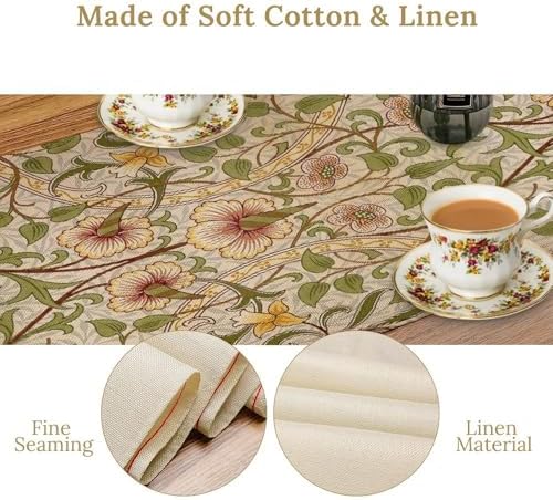 William Morris Style Floral Table Runner for Table Decor, Art Rustic Green Botanical Flower Vintage Printed for Kitchen Dining Room Farmhouse Party Holiday Decorate 13" x 120" - Image 3