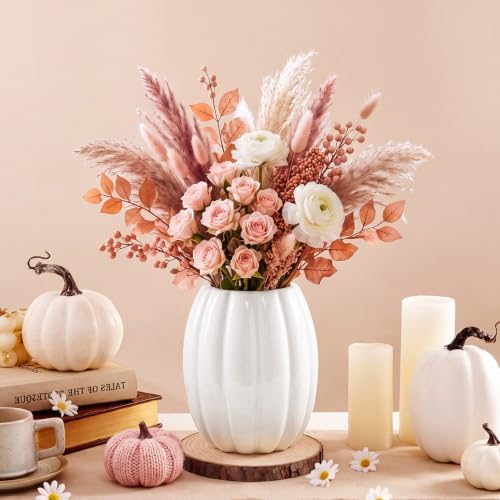 Rtteri 6 Set 5.12" Ceramic Pumpkin Vase with Wood Slices Glazed Fall Flower Pots for Autumn Home Decor Smooth Pottery Planter Pack for Thanksgiving Tabletop Decoration Housewarming Gifts(White) - Image 5