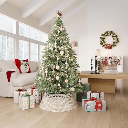 ELYKEN 28 Inch Woven Rattan Christmas Tree Collar, Stylish Seagrass & Water Hyacinth 5-Piece Xmas Tree Skirt for Artificial Trees, Wicker Tree Base Cover with Cord Cut-Out for Home Decor - Image 6