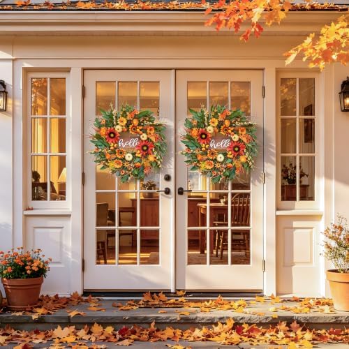 24 Inch Artificial Fall Wreaths for Front Door Outside with Hello Sign'' - Image 6