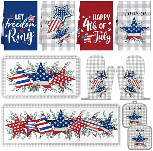VitalCozy 10 Pcs Patriotic Kitchen Decor and Accessories Set Star Pattern 4th of July Kitchen Towels Pot Holders Oven Mitts Rugs for Independence Day Cooking Mom Housewarming Gifts 250th Anniversary by VitalCozy