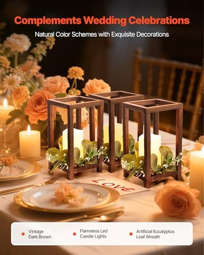 VEVOR 12 Set/36 Pcs Wooden Wedding Lantern Centerpiece, Includes 12 Wooden Lantern Candle Holder 12 Flameless LED Candle 12 Eucalyptus Leaves Wreath for Wedding Table Party Farmhouse Decor, Brown - Image 2