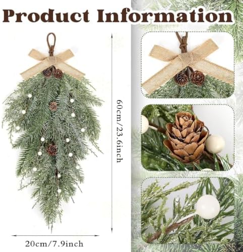 2 PCS 24" Christmas Swag Wreaths for Front Door Artificial Christmas Frosted Cedar Teardrop Swags Winter Wreath with Pine Cone for Kitchen Cabinet Farmhouse Home Window Wall Festival Decoration - Image 2