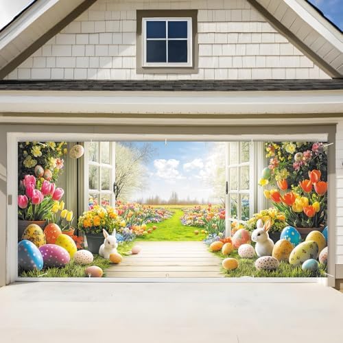 ANNA QUEEN Garden View Easter Garage Door Banner 7x16FT, Spring Flowers Easter Eggs Bunnies Garage Door Cover, Outdoor Decoration for Yard, Garage & Front Door by ANNAQUEEN