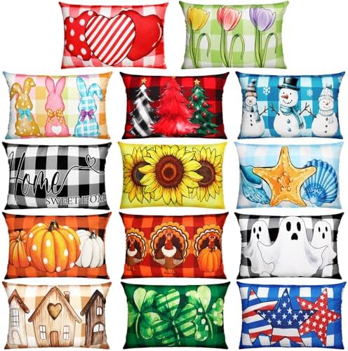 Mindsoft 14 Pcs Seasonal Holiday Pillow Cover 12 x 20 Inch Spring Patriotic Summer Lumbar Throw Pillow Covers Holiday Decorative Rectangle Throw Pillowcase for Home Office Sofa Decoration by Mindsoft
