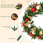 Hykolity 32 Inch Pre-Lit Christmas Wreath with 60 Warm White LED Lights and Timer, Battery Operated Artificial PE & PVC Wreath with Multicolor Ornaments and Glittered Gold Leaves for Front Door - Image 4