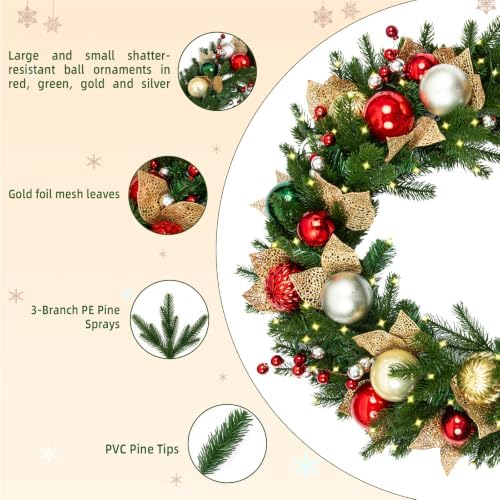 Hykolity 32 Inch Pre-Lit Christmas Wreath with 60 Warm White LED Lights and Timer, Battery Operated Artificial PE & PVC Wreath with Multicolor Ornaments and Glittered Gold Leaves for Front Door - Image 4