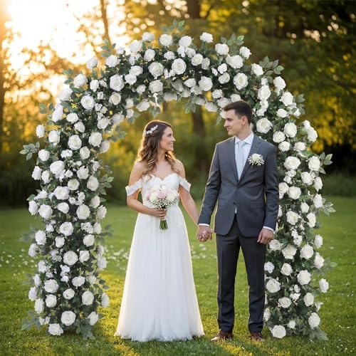Suncalla 8 Pack 6.56ft Artificial Rose Flower Garland Silk Flocked White Rose Garland Faux Eucalyptus Peony Flower Vine for Wedding Party Table Centerpiece Arch Background Decoration(Eucalyptus) - Image 4
