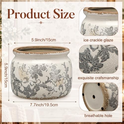 7.7" Large Ceramic Plant Pot Beige Gray Floral Vine Crackle Glaze Rustic Flowers Pot Decorative Planter with Drainage for Indoor Outdoor Plants Home Kitchen Office Decor Gift - Image 2