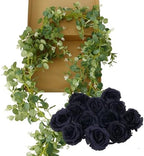 1 Pack Artificial Garland Eucalyptus Vine with 12 Roses for Home Decor Wedding Table Runner Centerpiece DIY Wreath Decor (Black) - Image 4