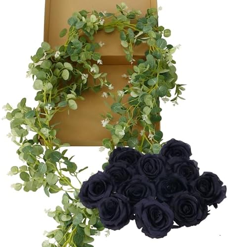 1 Pack Artificial Garland Eucalyptus Vine with 12 Roses for Home Decor Wedding Table Runner Centerpiece DIY Wreath Decor (Black) - Image 4