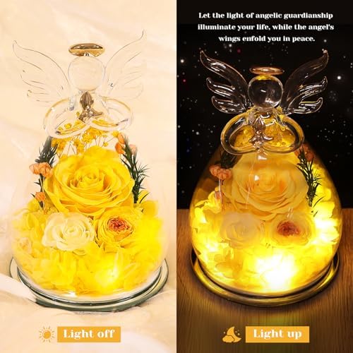Gifts for Women Preserved Rose Forever Flower in Glass Angel Figurines Fresh Flowers for Delivery Prime Mothers Day Birthday Gifts for Mom Real Yellow Roses for Grandma Sister Wife Her from Daughter - Image 3