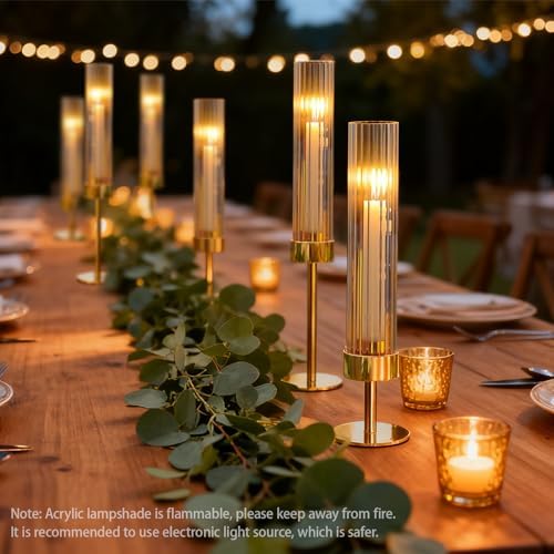 Metal & Acrylic Taper Candle Holders with Ribbed Design - Hurricane Clear Cylinder Candelabra for Wedding, Christmas, Party, Dining Table Centerpiece Decor (Gold, Set of 6) - Image 4