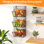 X-cosrack Metal Wire Basket Wall Mount, 3 Tier Wall Storage Organizer with 5 S Hooks, Kitchen Fruits and Vegetables Bin Toys Organizer Hanging Basket Black (S (10.83" L x 10.63" W x 30" H)) - Image 2