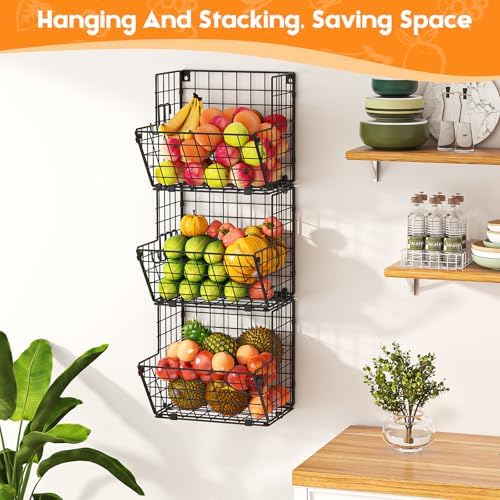 X-cosrack Metal Wire Basket Wall Mount, 3 Tier Wall Storage Organizer with 5 S Hooks, Kitchen Fruits and Vegetables Bin Toys Organizer Hanging Basket Black (S (10.83" L x 10.63" W x 30" H)) - Image 2
