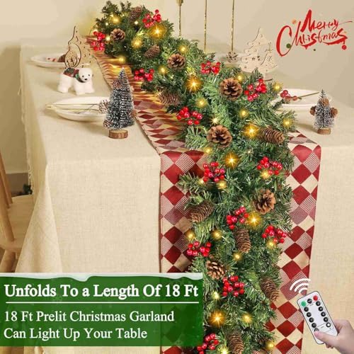 Remote Control 18 FT Extra Long Prelit Christmas Garland with 480Thick Branch Tips Pinecones & Red Berries, 100 Warm White & Multicolor LED Lights 8 Modes Timer for Stairs Mantel Doorway Decor - Image 5