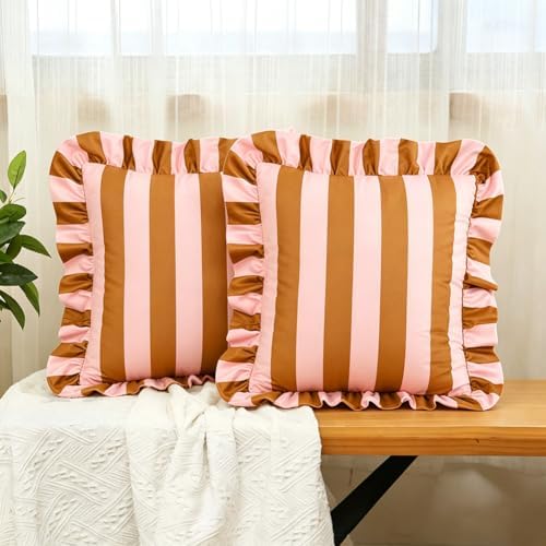 vctops Ruffle Square Throw Pillow Covers Boho Pink and Red Striped Decorative Pillowcases Set of 2, Soft Velvet Accent Cushion Cover Cases for Sofa Bed Living Room Decor (Pink Brown,18"x18") by vctops