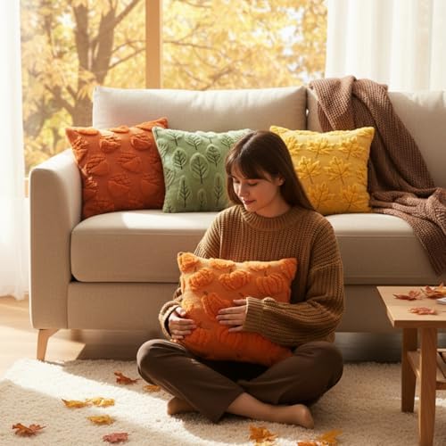 Tiamon 4 Pcs Fall Throw Pillow Covers 18 x 18 Inch Autumn Pillow Cases 3D Embroidered Pumpkin Leaf Plush Fluffy Faux Fur Cushion Covers for Thanksgiving Harvest Decoration Farmhouse Home Sofa Couch - Image 5
