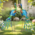 32" Peacock Decor Metal Yard Art Set of 2,Large Outdoor Statue by Unknown