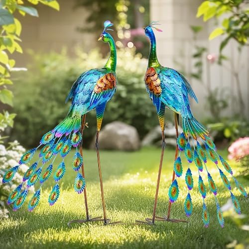32" Peacock Decor Metal Yard Art Set of 2,Large Outdoor Statue by Unknown