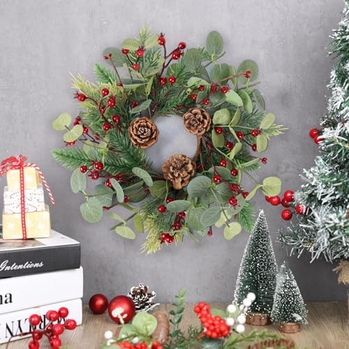 8 PCS Christmas Mini Cabinet Wreath for Kitchen with Ribbon Artificial Eucalyptus Cedar Hanging Garland with Red Berries Pine Cones for Swag Table Centerpiece Door Window Chair Wall Winter Decor - Image 2