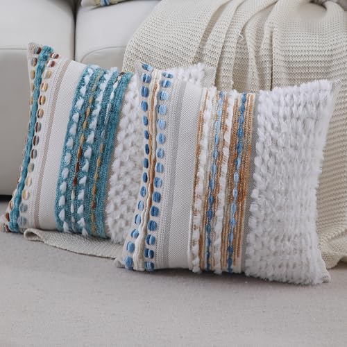 Boho Throw pillow covers 18x18 set of 2 farmhouse decorative Couch pillow covers neutral Accent throw pillows covers striped outdoor cushion covers square textured chenille pillow cases for sofa bed - Image 4
